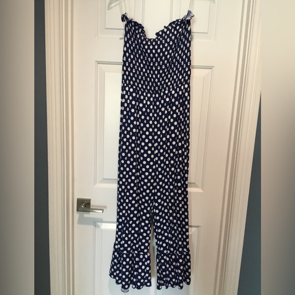 Originality, sleeveless jumpsuit, size Large, navy with white polka dots - Picture 1 of 3